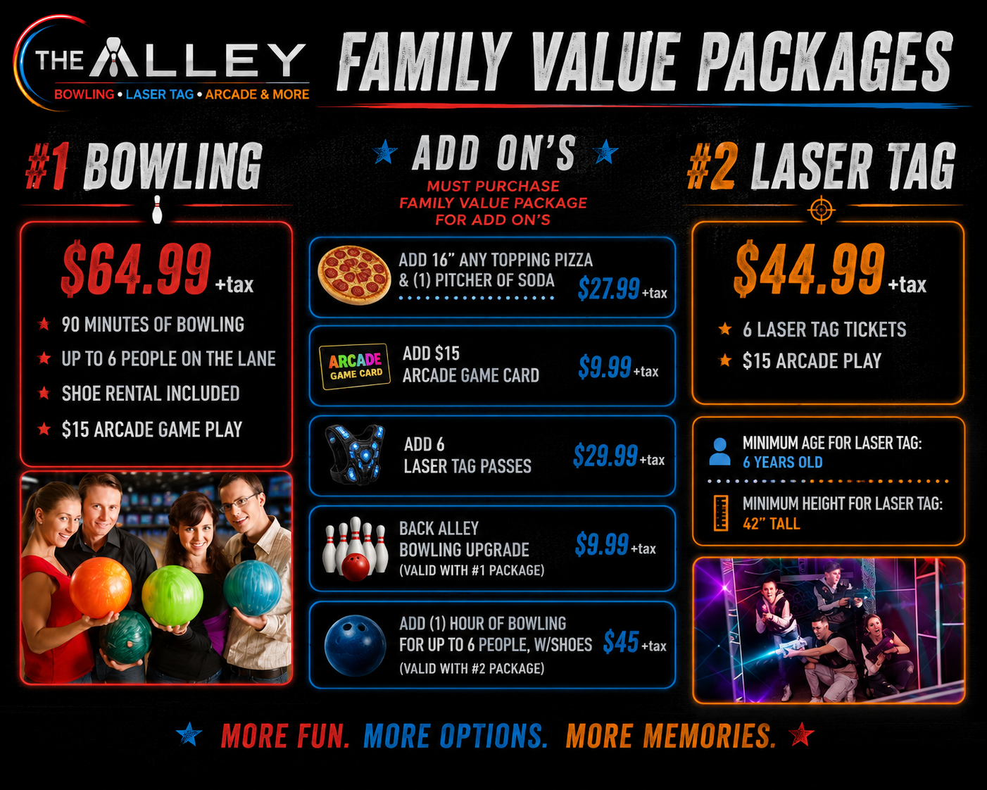 Family Value Packages flyer — Bowling package $64.99, Laser Tag package $44.99, plus add-ons