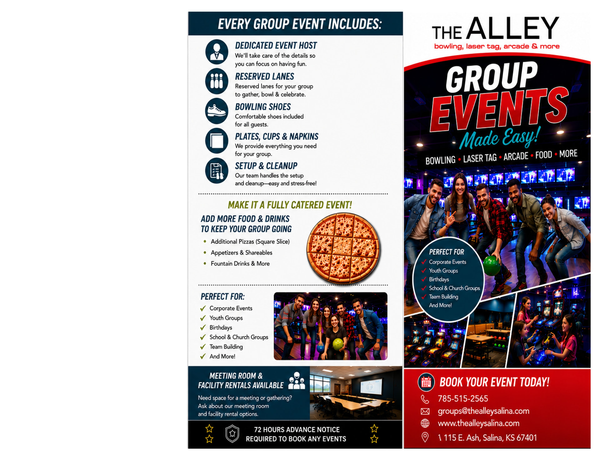 The Alley Salina group events brochure with packages and inclusions